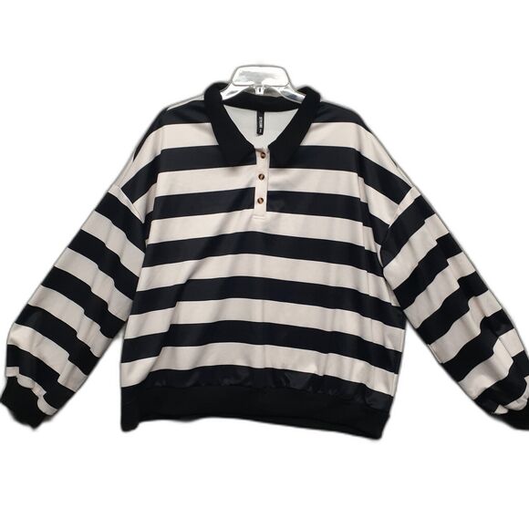 Stylewe Long Sleeve Polo Blouse Contrast Color Lapel Striped Print Size XXL - Picture 1 of 7
